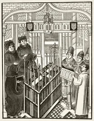 Cerimônia fúnebre para uma pessoa de importância no século 15, de "A História Nacional e Doméstica da Inglaterra", de William Hickman Smith Aubrey (1858-1916) publicou Londres, c.1890